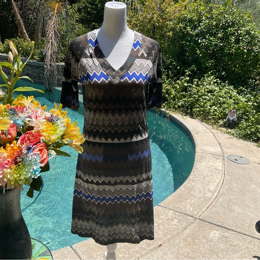 M by Missoni Blue Chevron Zig Zag slinky silk cotton Dress Sz 40 US 4 🌸
